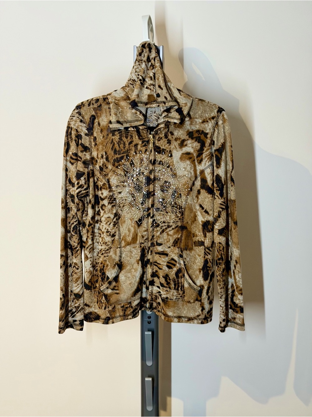 Leopard Print Zip-Front Women's Top with Rhinestone Detail - Tan